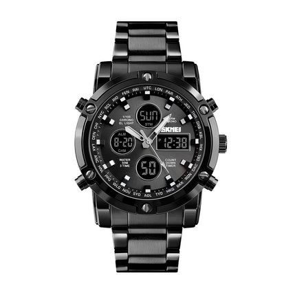 SKMEI Mens Wrist Watch, Waterproof Military Analog Digital Watches with LED Multi Time Chronograph, Stainless Steel Business Quartz Watches for Men