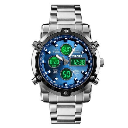 SKMEI Mens Wrist Watch, Waterproof Military Analog Digital Watches with LED Multi Time Chronograph, Stainless Steel Business Quartz Watches for Men