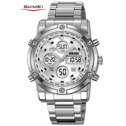 SKMEI Mens Wrist Watch, Waterproof Military Analog Digital Watches with LED Multi Time Chronograph, Stainless Steel Business Quartz Watches for Men