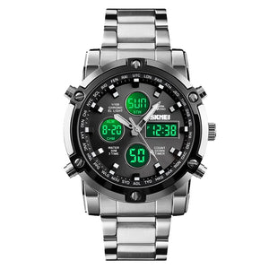 SKMEI Mens Wrist Watch, Waterproof Military Analog Digital Watches with LED Multi Time Chronograph, Stainless Steel Business Quartz Watches for Men