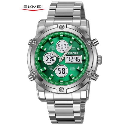 SKMEI Mens Wrist Watch, Waterproof Military Analog Digital Watches with LED Multi Time Chronograph, Stainless Steel Business Quartz Watches for Men